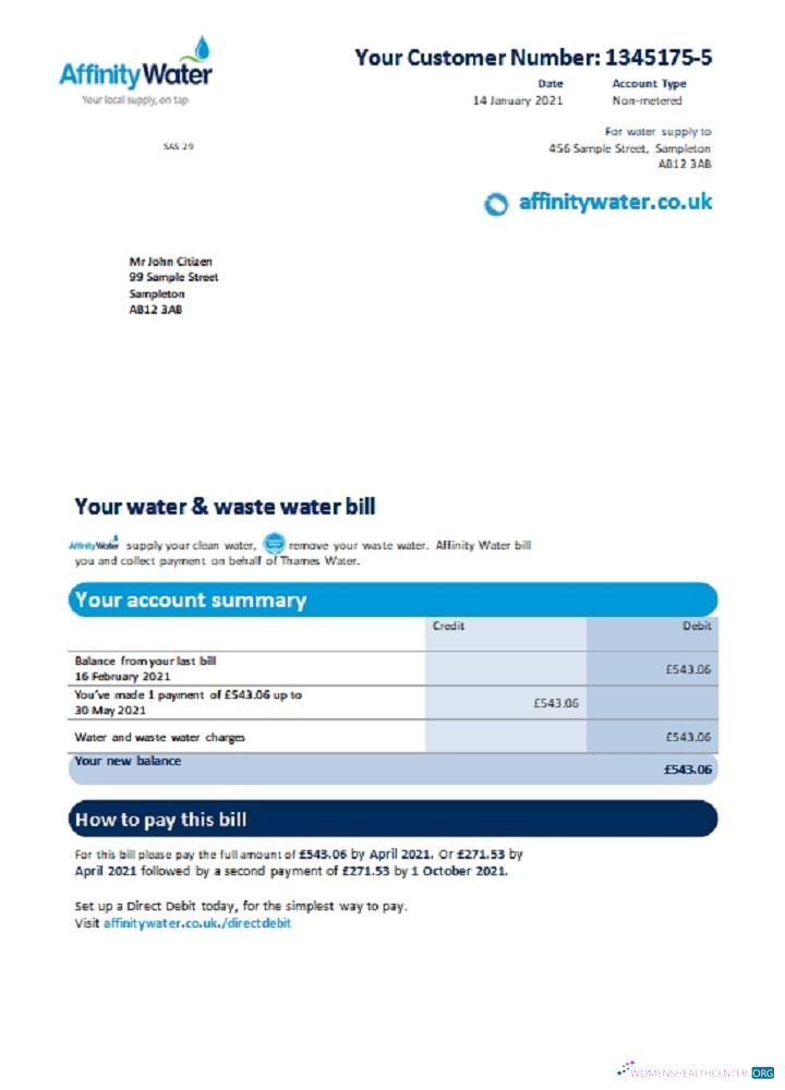 download United Kingdom Affinity Water utility bill template in Word and PDF format PDF template